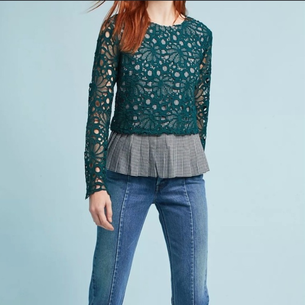 Maeve Teal Lace and Gingham Top